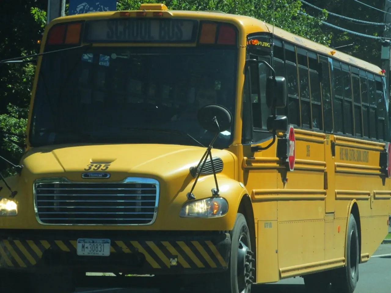 In this image, we can see a bus. In the background, we can see a tree. There is an electric pole in...