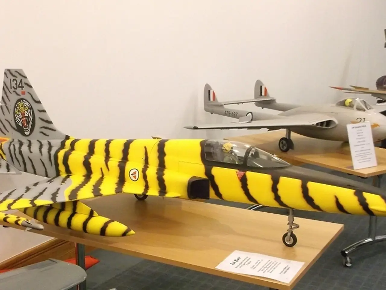 In this image there are a few models of airplanes are arranged on the tables with some labels on...