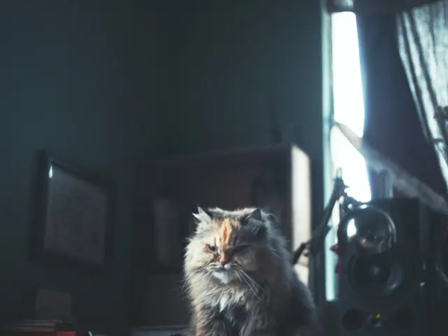 This image consists of a cat at the bottom. It is in cream color. There is a plant on the right...