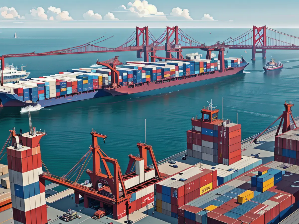 Qingdao port's shipping containers and gantry cranes, captured in eastern China's Shandong...