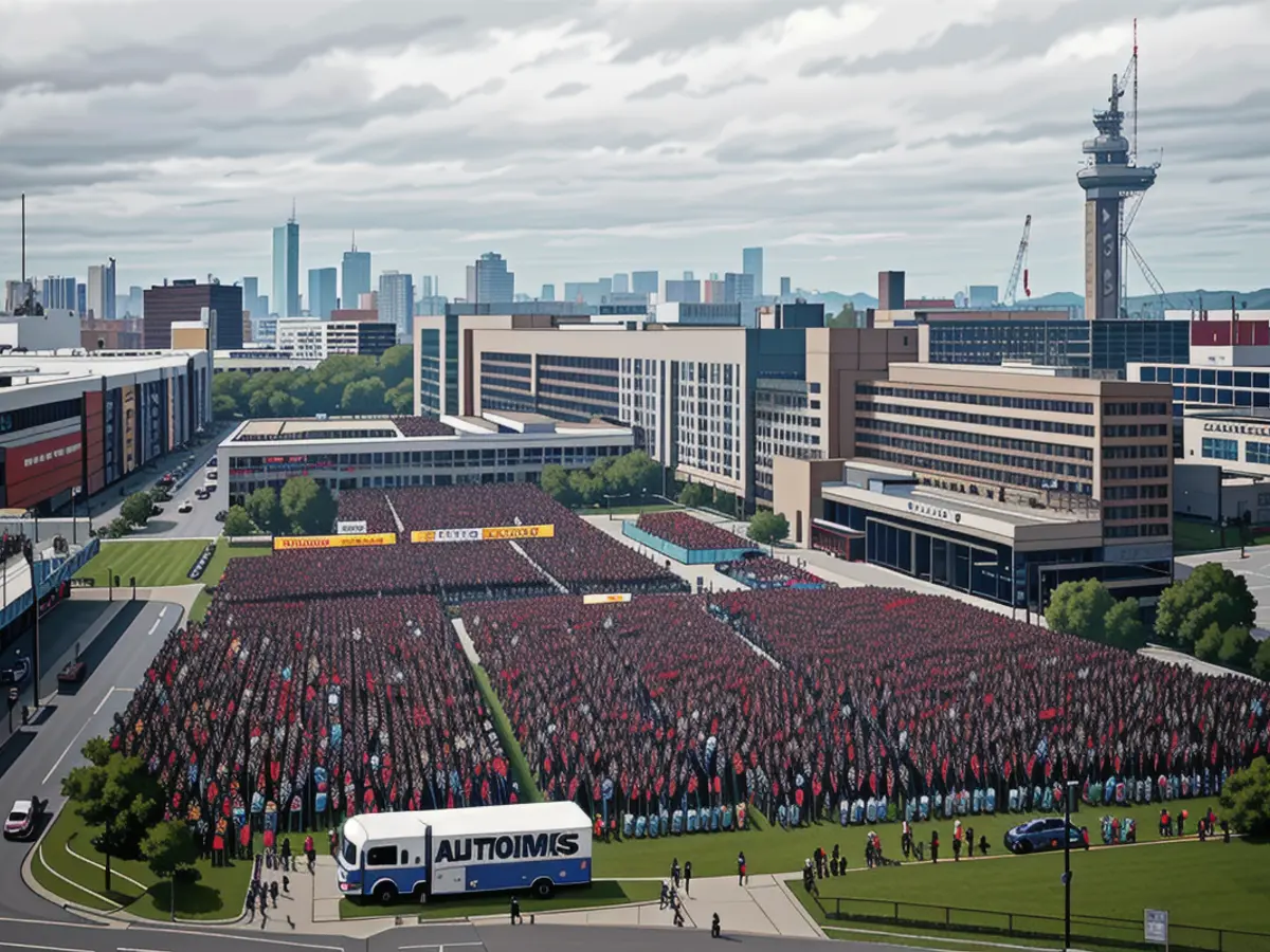 Workers assemble, participating in a demonstration orchestrated by IG Metall, the metalworkers' union, outside the headquarters of automaker Volkswagen (VW) in Wolfsburg, northern Germany. The event transpired during a precautionary work stoppage at the corporation's main facility, which occurred on December 9, 2024.