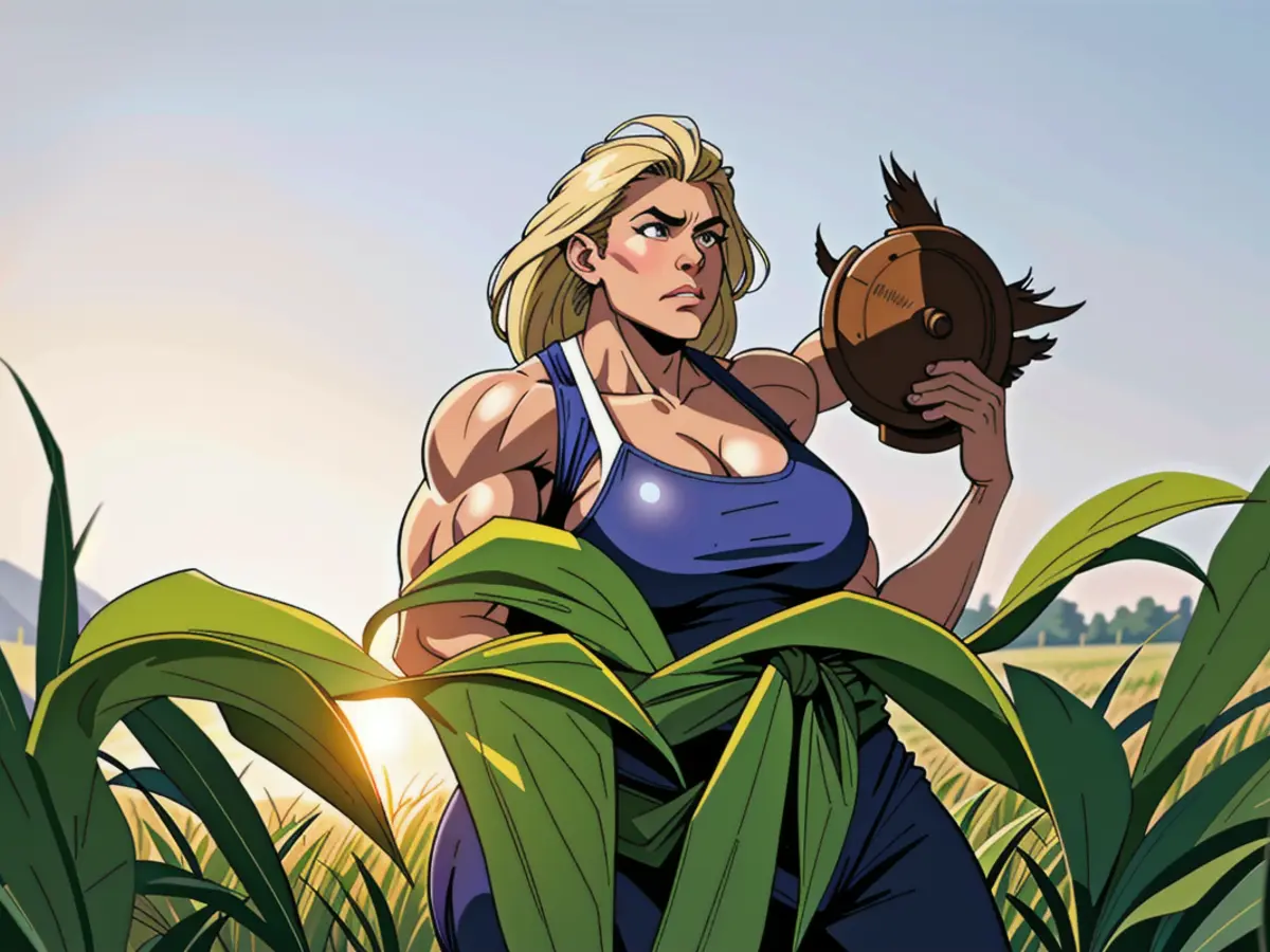 Female Farmer Engaged in Corn Field Tasks, Utilizing Digital Tablet for Assistance.