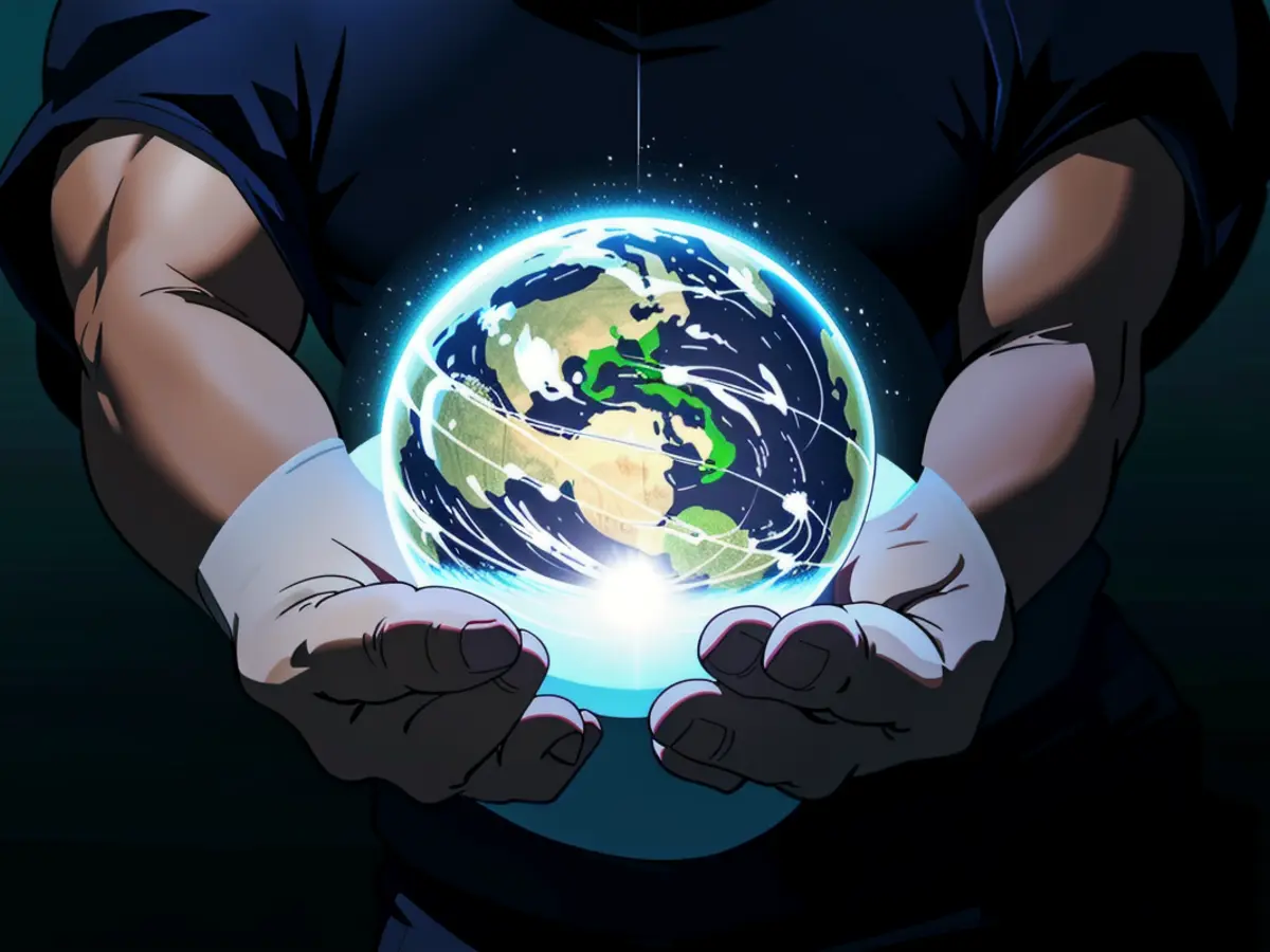 Nestled hands encircle a radiant Earth sphere, embellished with white orbs symbolizing internet...
