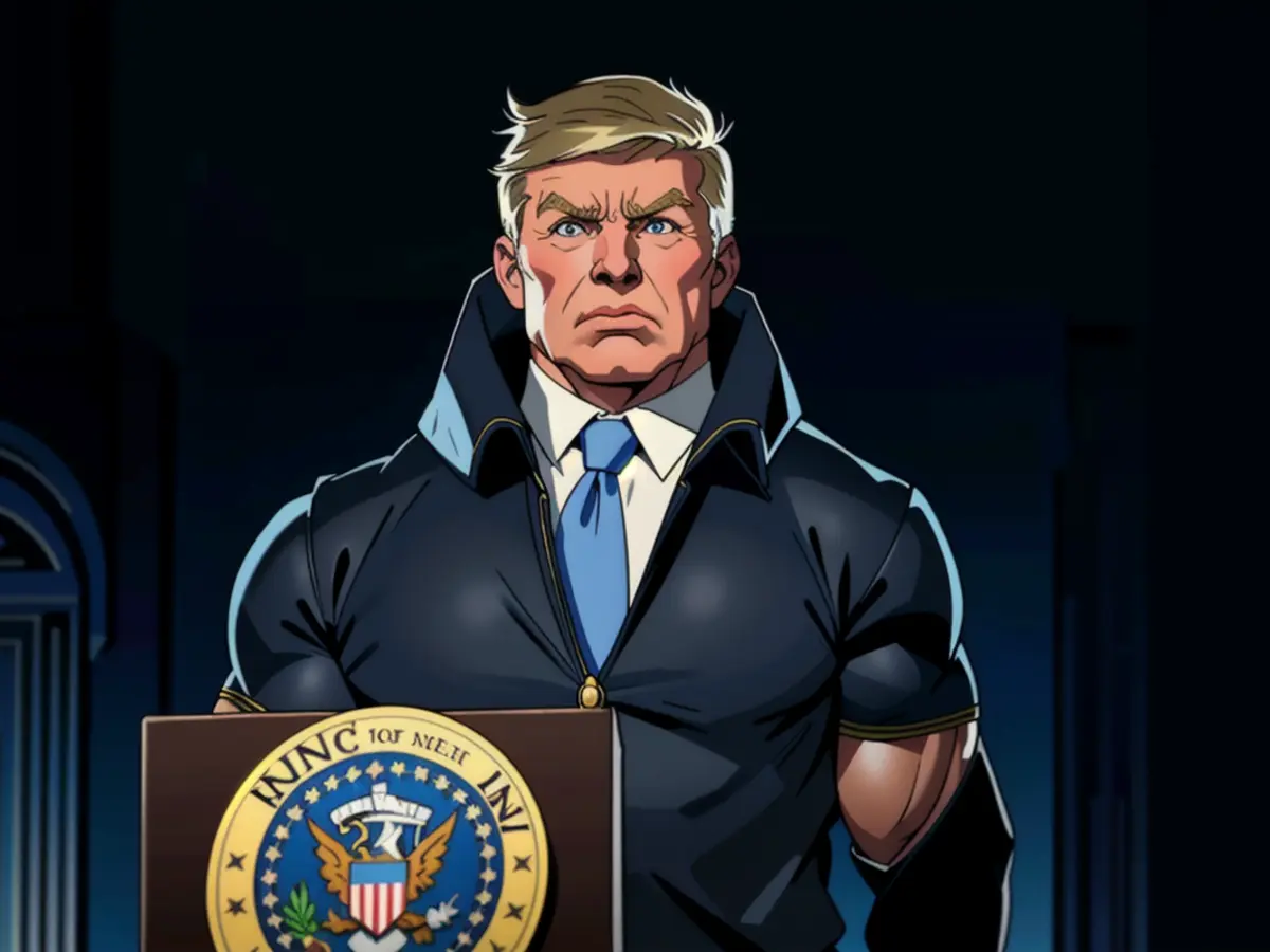 Trump delivering discourse from behind the presidential dais.