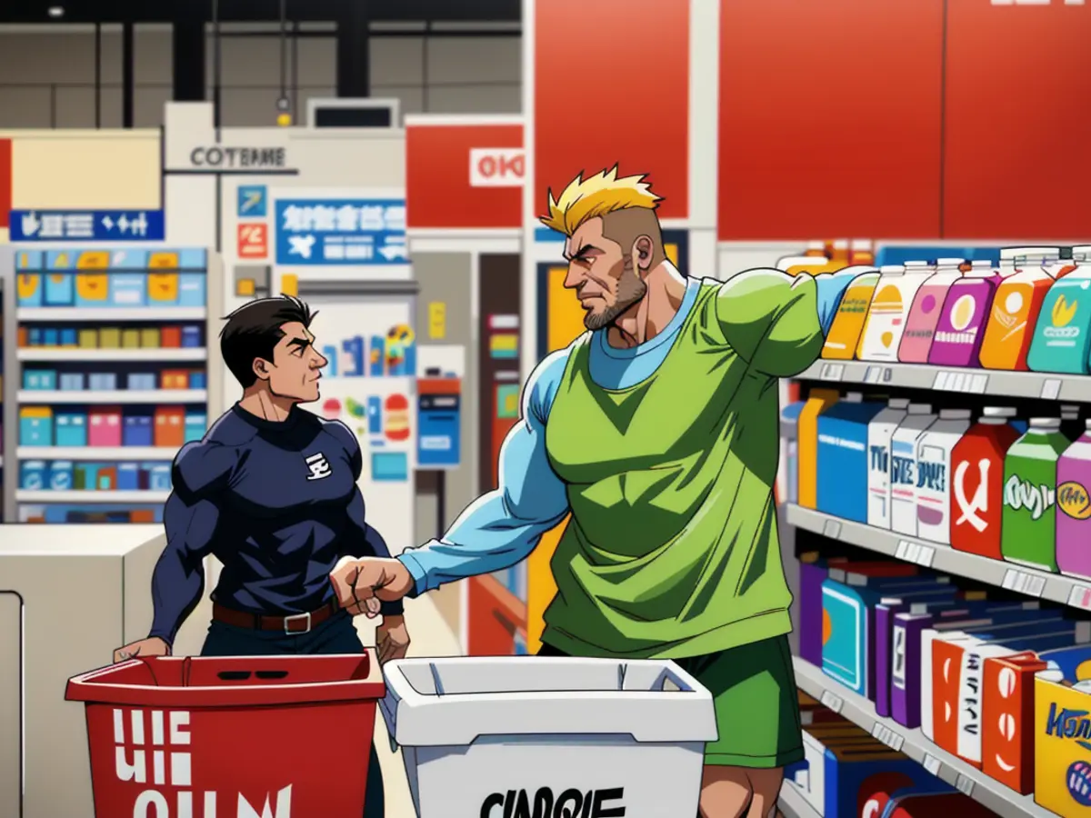 An individual scrutinizing an expansive bottle of laundry soap in the home-care section of a...