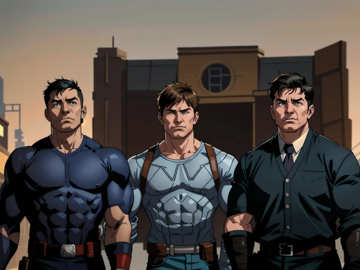 In this image, Prime Minister Ozaki (Takehiro Hira), portraying Captain America/Sam Wilson (Anthony Mackie), and President Thaddeus Ross (Harrison Ford) are featured in Marvel Studios' CAPTAIN AMERICA: BRAVE NEW WORLD, which is now available on Disney+.